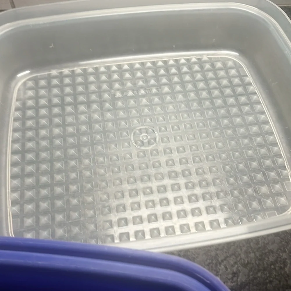 COPY - Large vintage marinator by Tupperware. Blue and white. Preloved. 11x10.